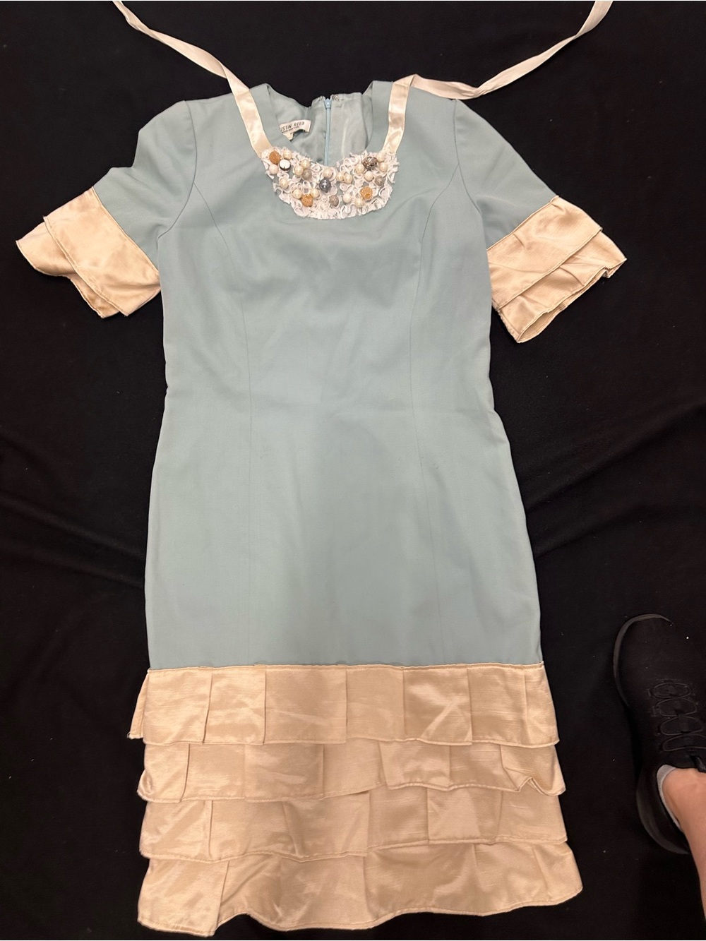 Austin Reed vintage Light Blue Dress with Champagne Ruffle Hem and Sleeves